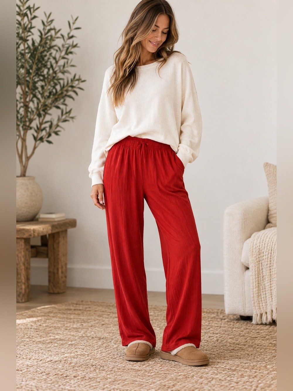 SKIMS Soft Lounge Pants Brick Red Size S Ribbed Wide Leg NWT Pockets